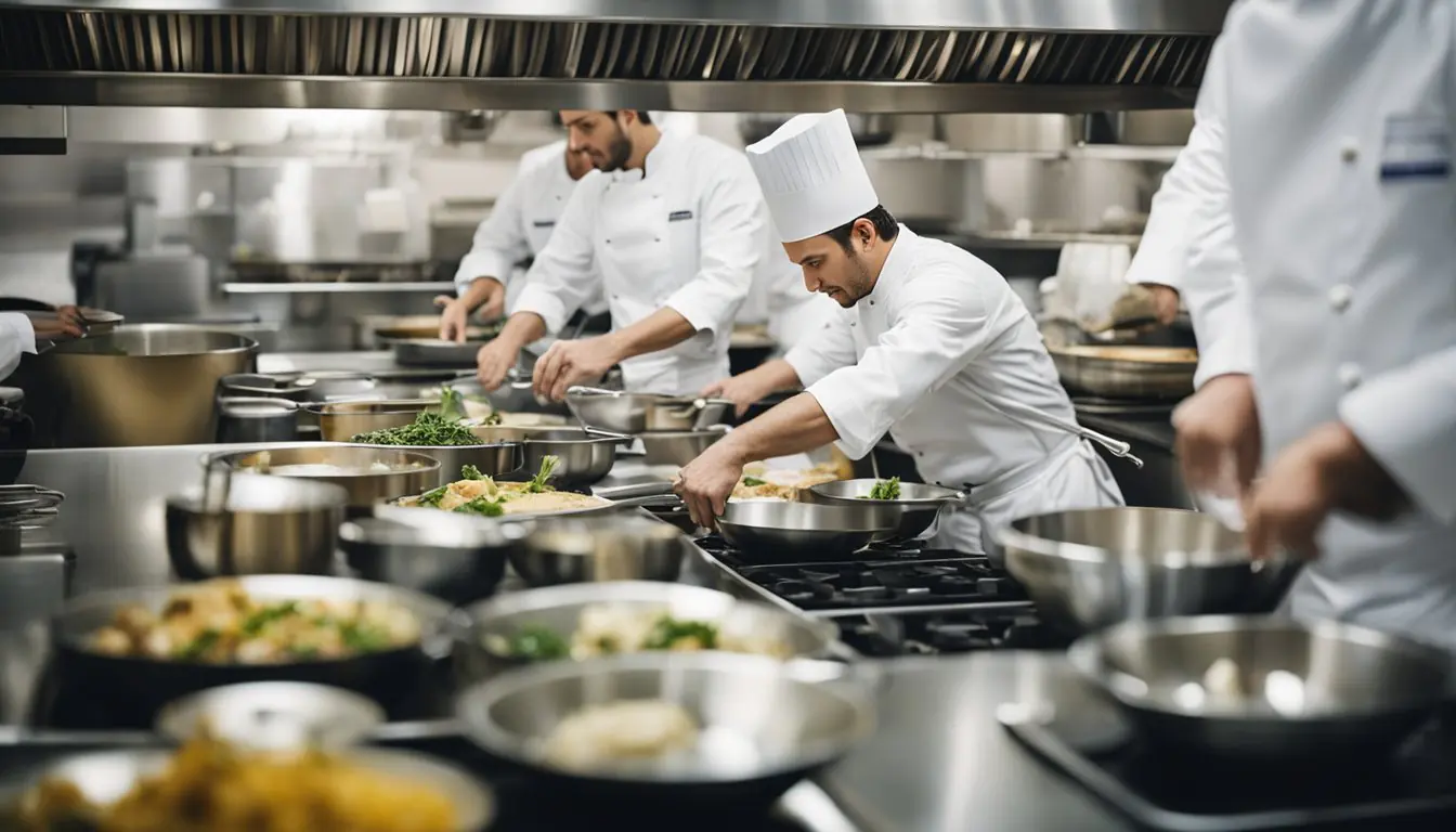 A bustling kitchen with chefs creating elegant dishes for affordable Michelin-starred dining in Milan