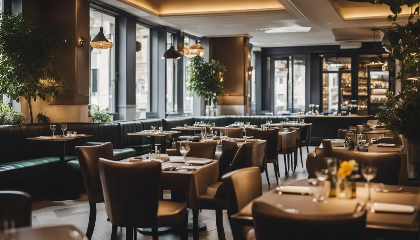 A bustling Milanese restaurant serves affordable Michelin-starred dishes, with a focus on sustainability. The interior is modern and inviting, with a mix of traditional and contemporary design elements