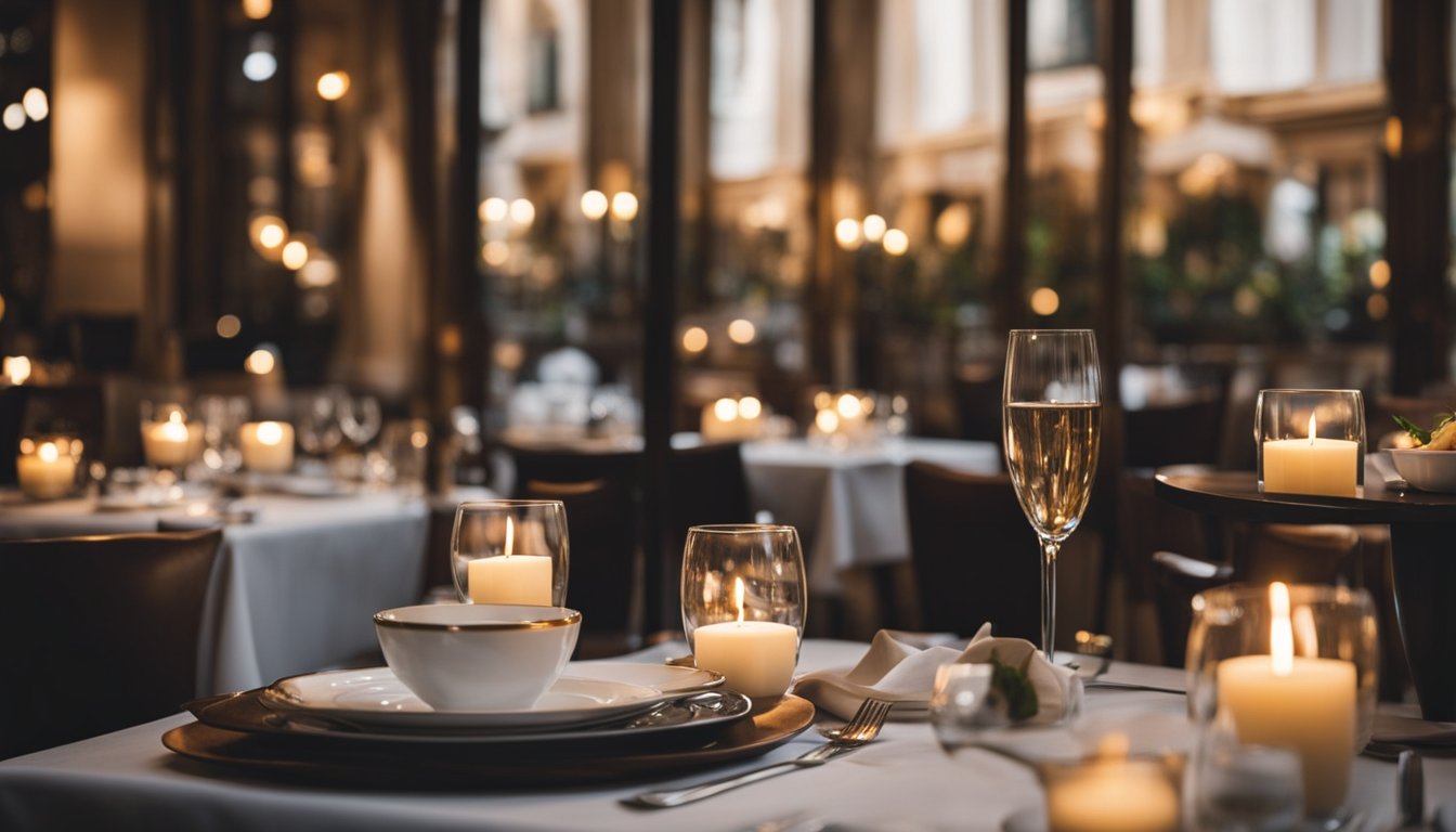 A cozy, candlelit restaurant in Milan, with elegant table settings and a menu featuring gourmet dishes at affordable prices