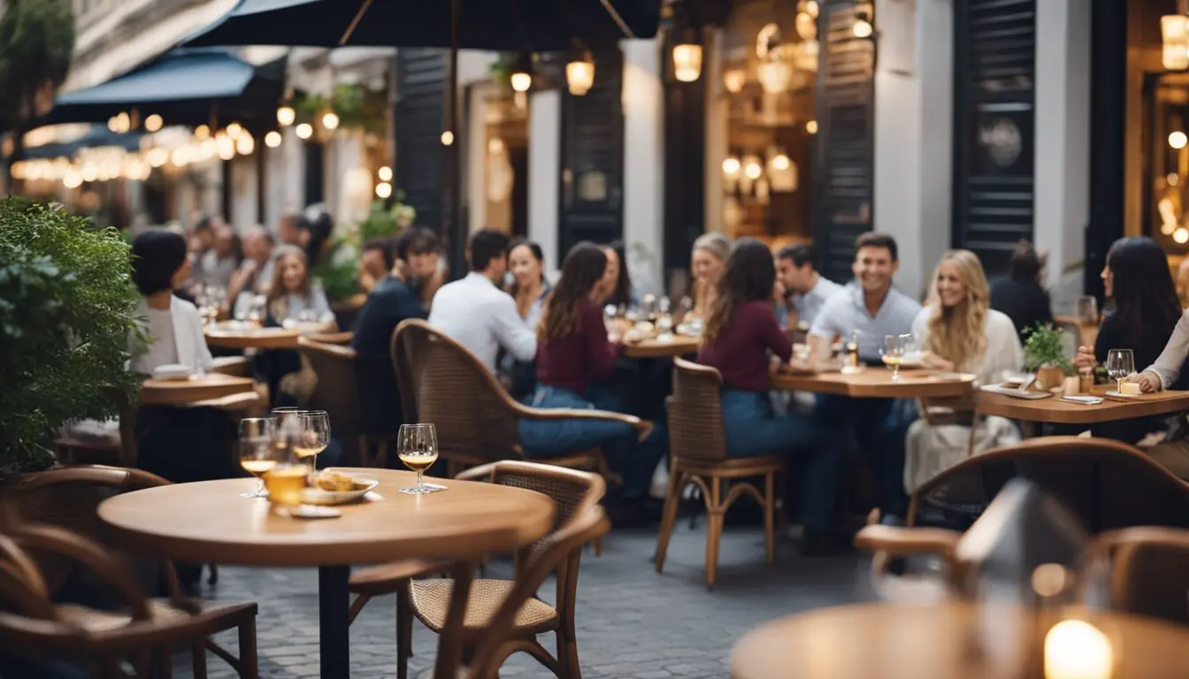 A bustling street lined with cozy, modern bistros offering affordable, Michelin-starred cuisine. Patrons enjoy elegant dishes while sipping wine on outdoor terraces