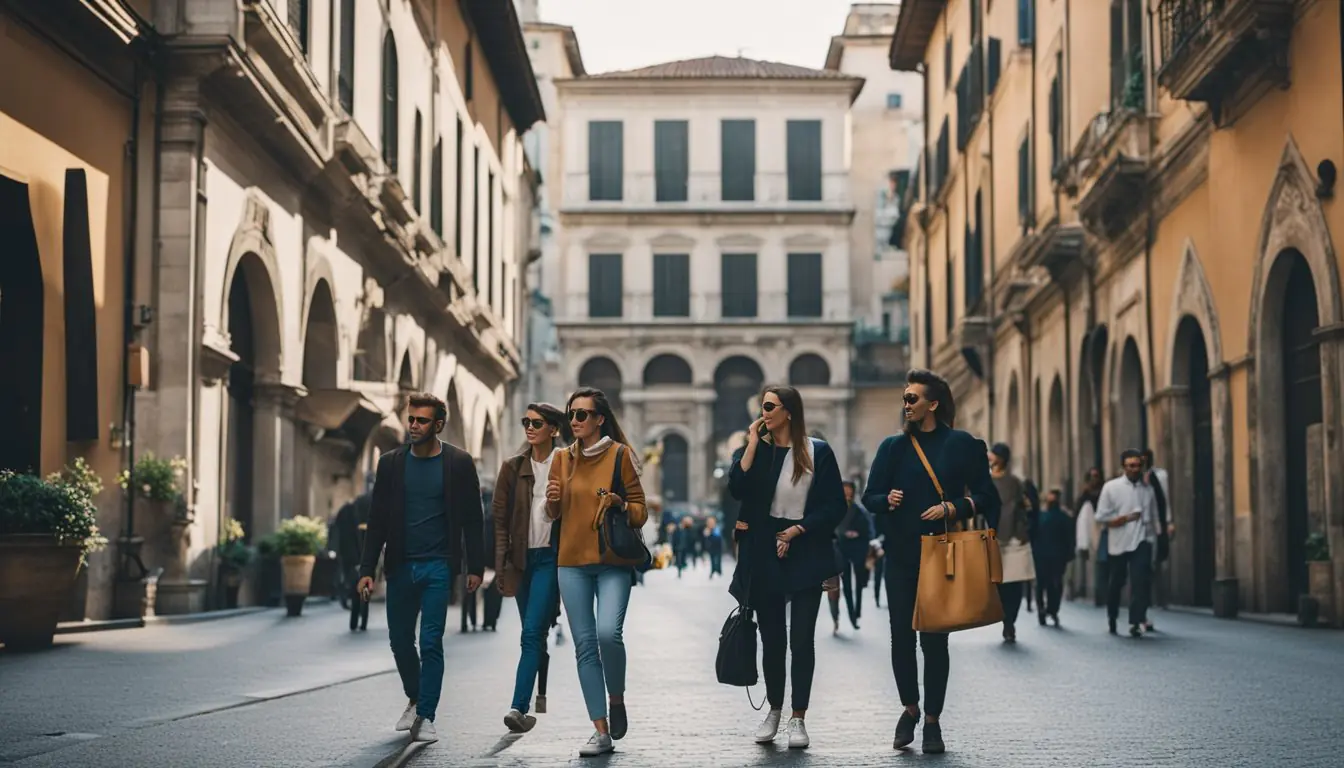 Visitors follow a tour guide through ancient streets, passing by iconic landmarks and historical sites in Milan