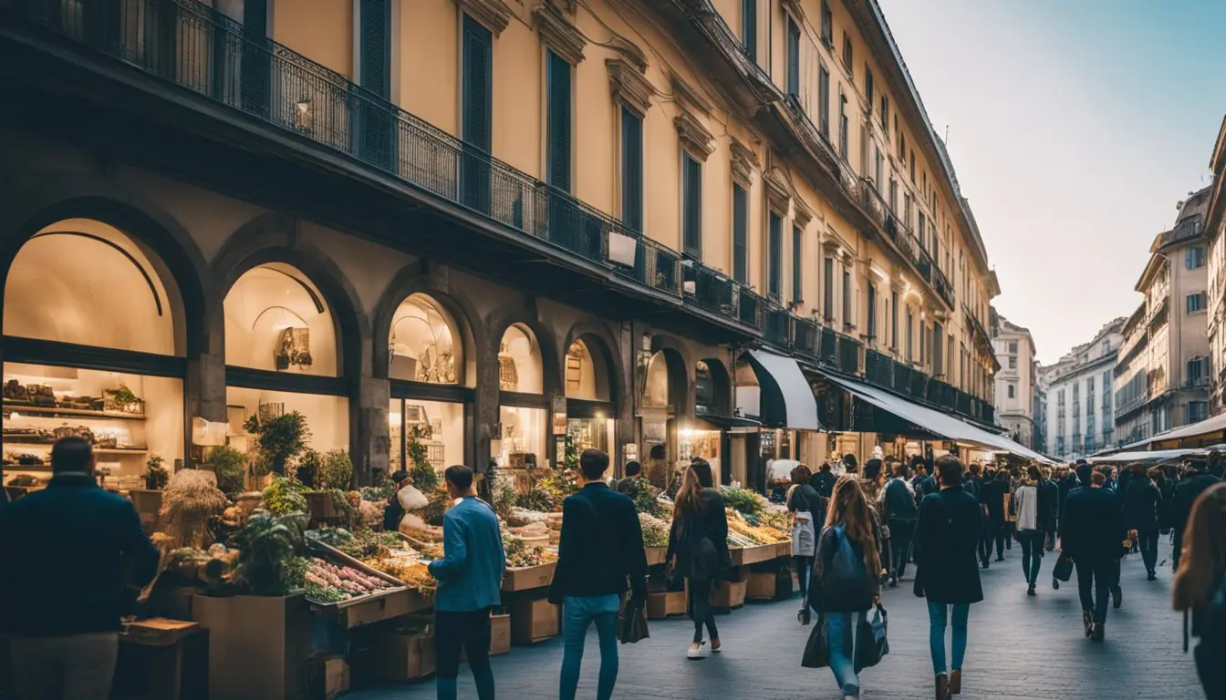 A bustling Milan street lined with eco-friendly fashion displays and innovative design workshops. Vibrant colors and sleek, modern styles draw in a diverse crowd of fashion-forward individuals
