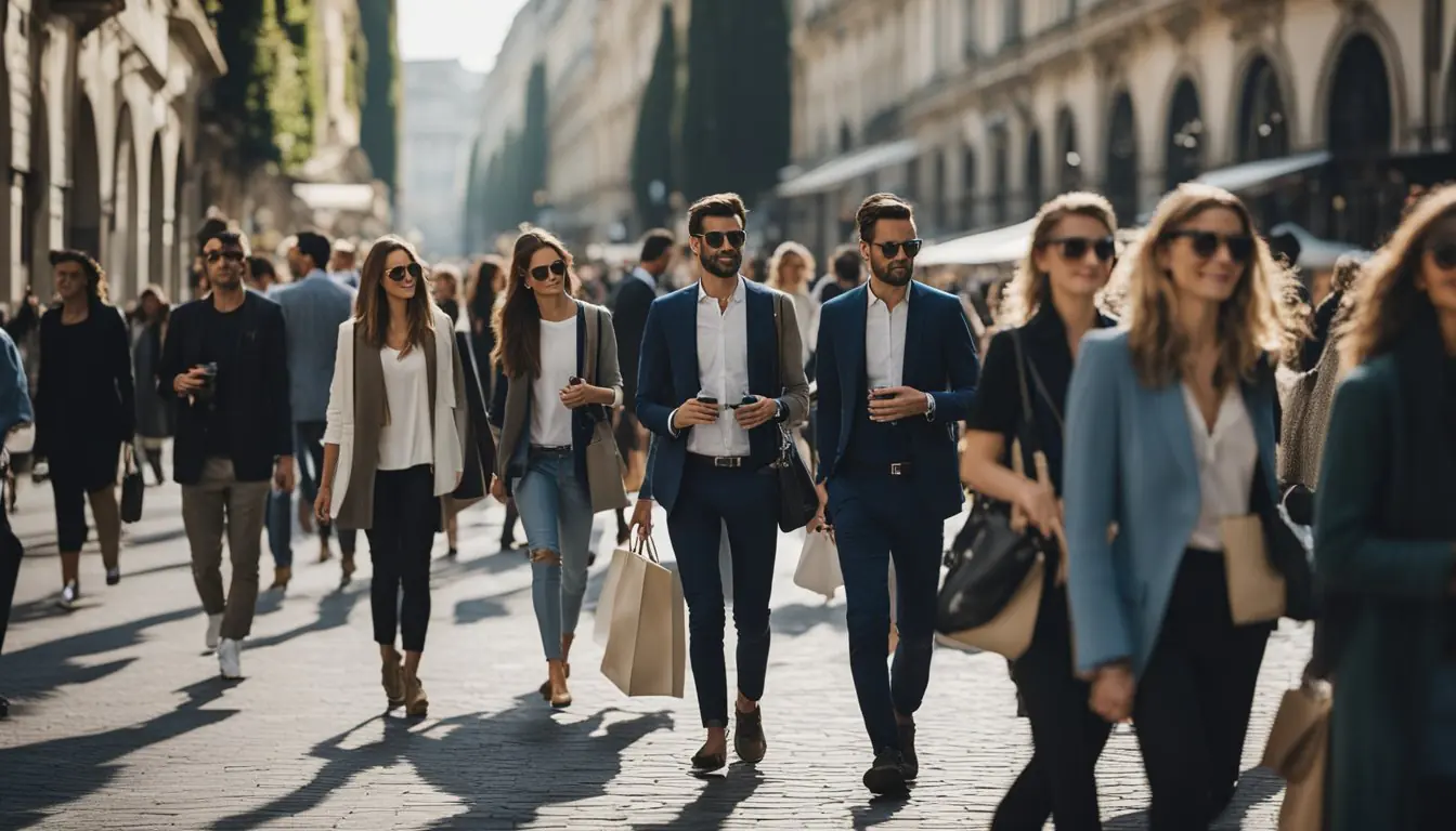 A bustling Milan street lined with eco-friendly fashion displays, attendees networking, and speakers presenting at sustainable fashion events