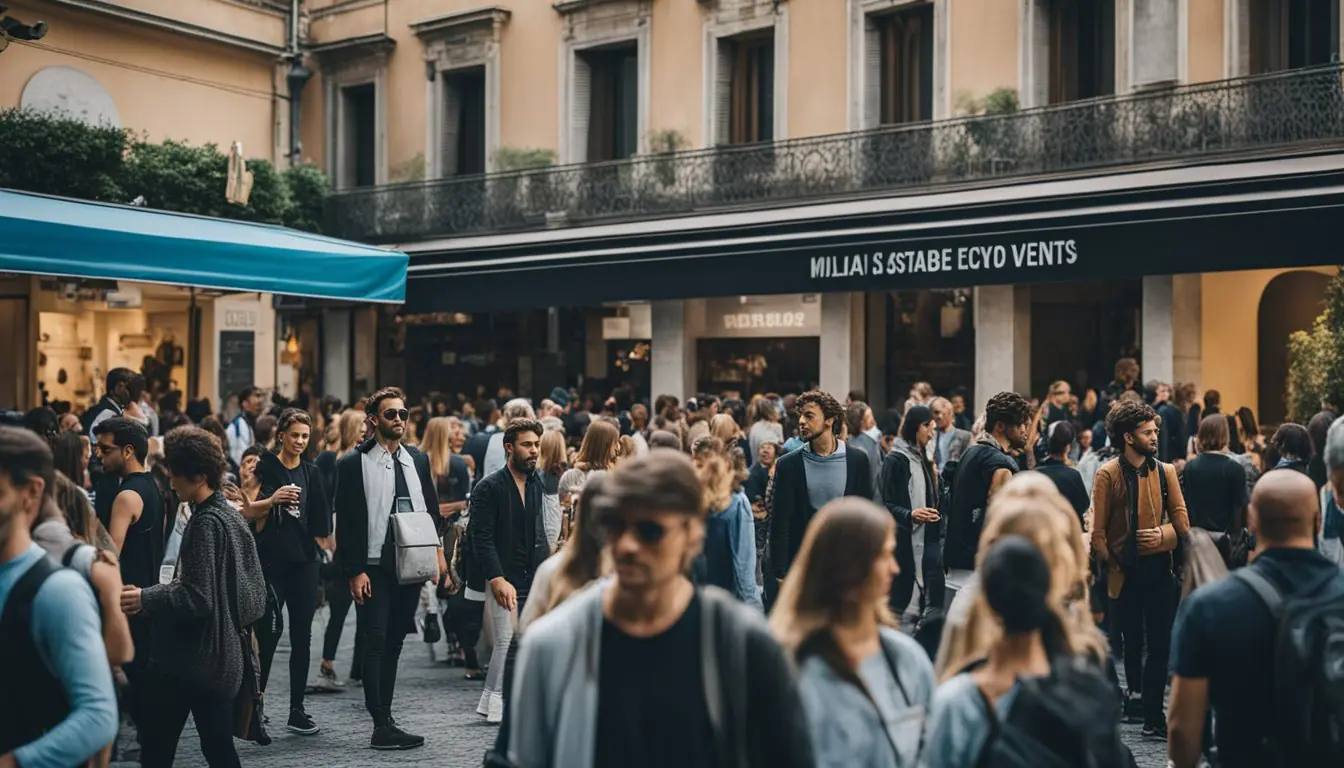 Vibrant street scene with crowds at Milan's sustainable fashion events, showcasing eco-friendly designs and innovative materials