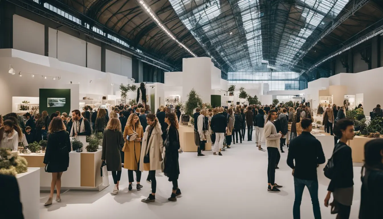 A bustling exhibition hall filled with sustainable fashion displays and attendees in Milan