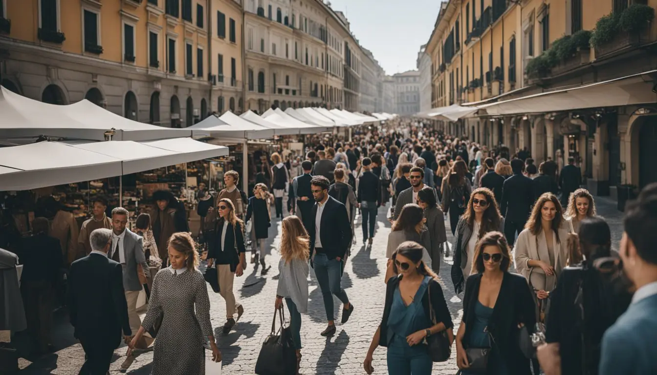 A bustling Milan street lined with sustainable fashion event posters and banners, showcasing the latest eco-friendly designs and attracting industry insiders