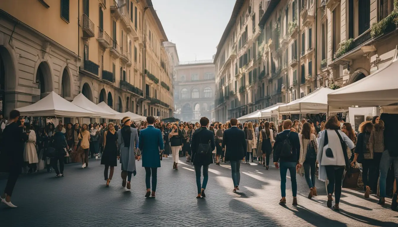 A bustling Milan street lined with eco-friendly fashion displays and enthusiastic attendees at a sustainable fashion event