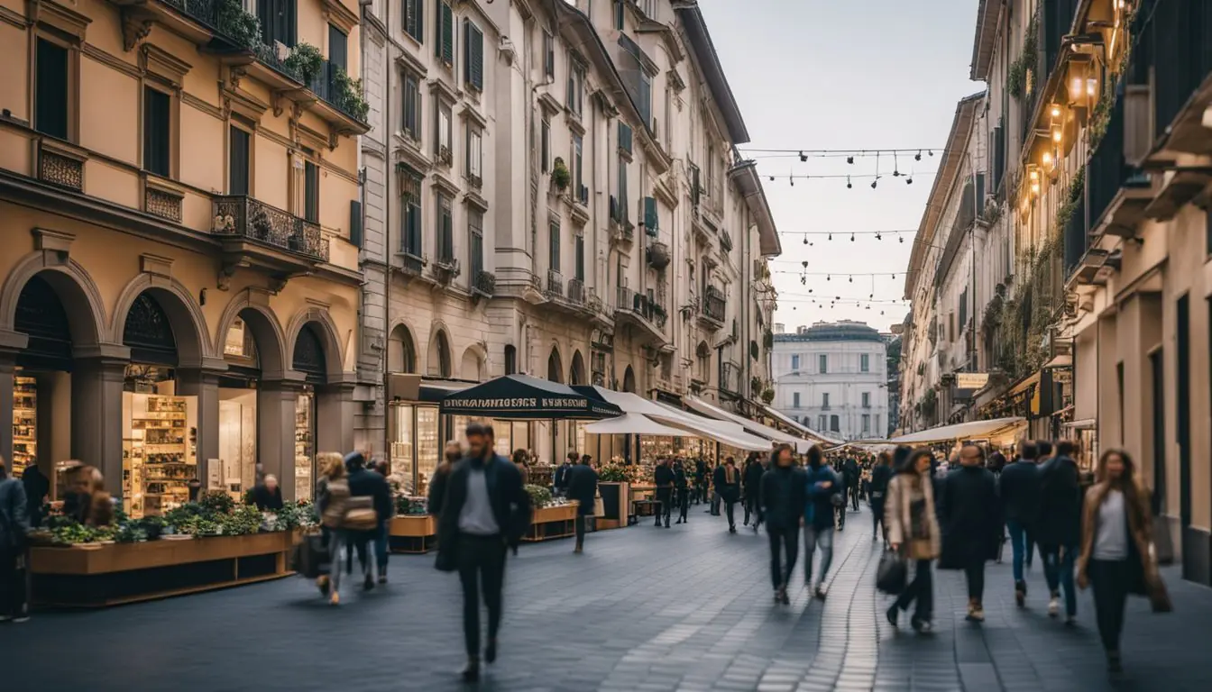 A bustling street in Milan, lined with modern architecture and design studios. Bright, clean storefronts display cutting-edge furniture and decor