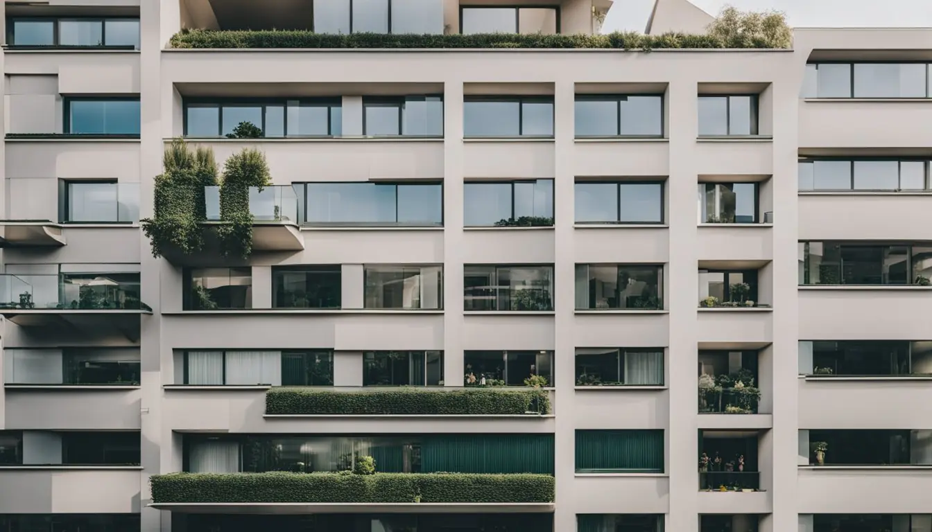 A modern, eco-friendly building with sleek lines and greenery, surrounded by bustling streets and stylish storefronts in Milan