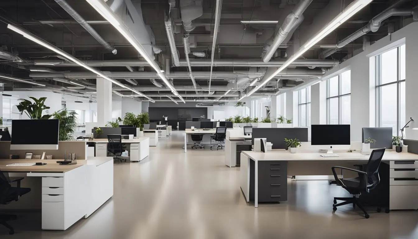 Sleek, modern workspaces filled with minimalist furniture and cutting-edge technology. Clean lines, neutral color palettes, and natural light create an atmosphere of innovation and creativity