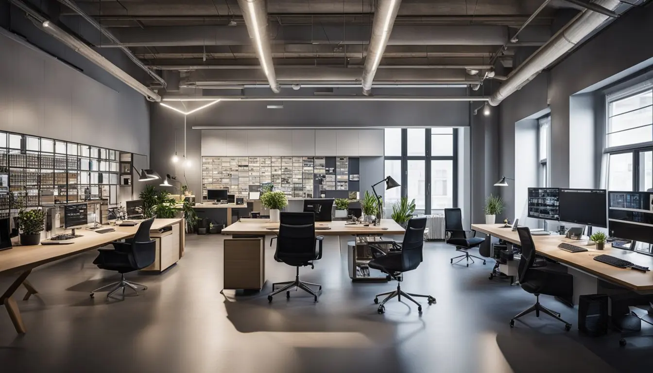 A bustling design studio in Milan with modern furnishings, sleek workstations, and a wall of awards and accolades. The space exudes creativity and innovation