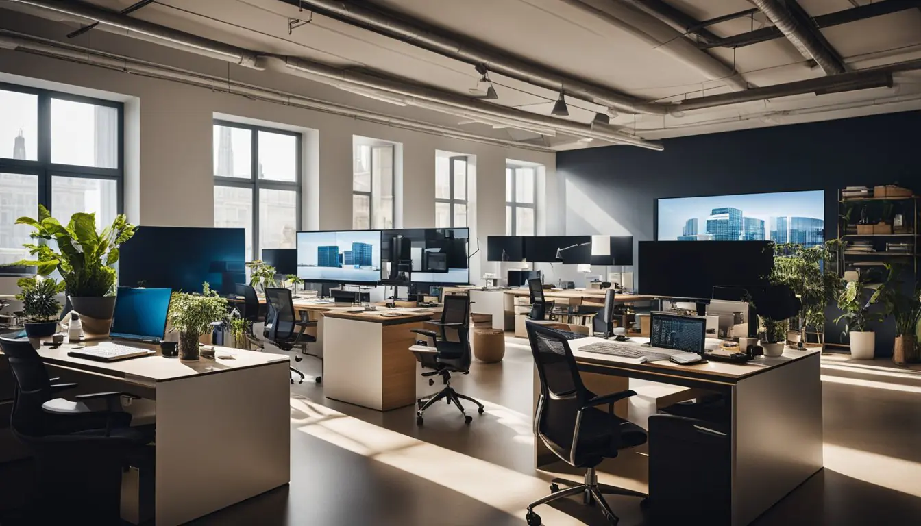 A bustling studio in Milan, filled with sleek furniture, cutting-edge technology, and innovative design prototypes. Light streams in through large windows, illuminating the creative chaos of the space