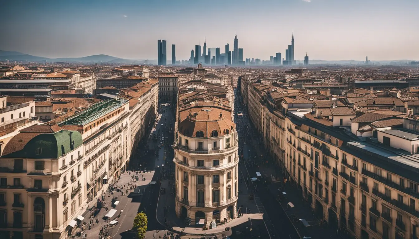 Vibrant cityscape with modern architecture and bustling streets in Milan. Iconic design studios stand out against the skyline, showcasing the city's cultural impact