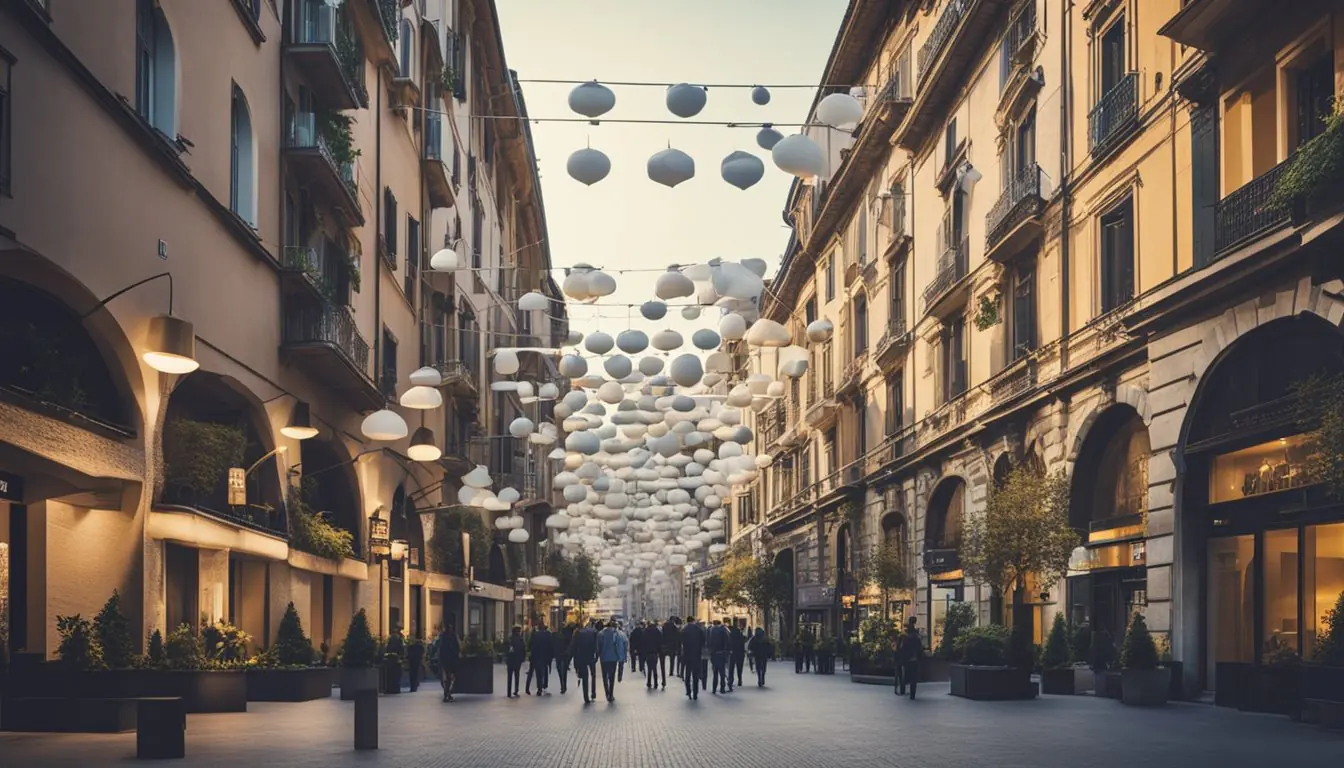 A bustling city street with modern buildings and signage indicating "Top Startup Incubators" in Milan. Vibrant energy and entrepreneurial spirit fill the air