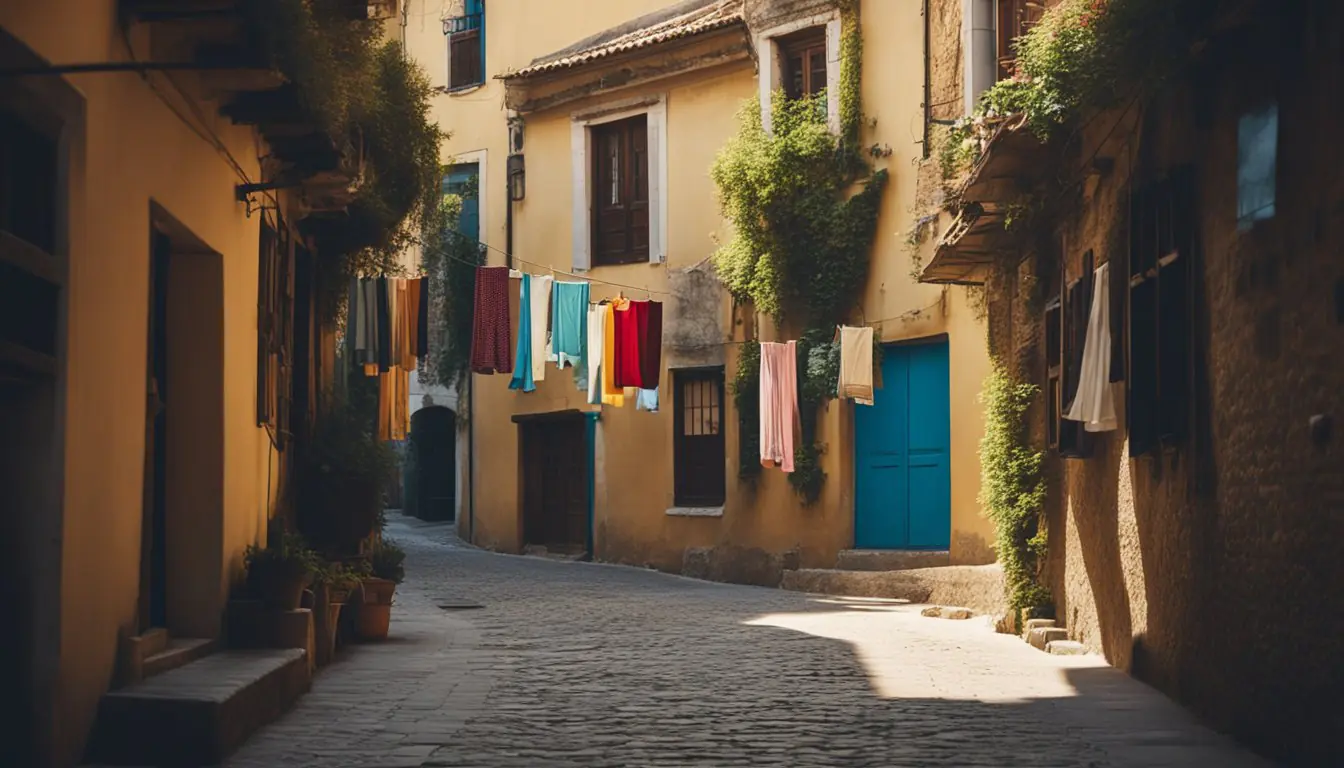 A narrow cobblestone alley winds between ancient buildings, with colorful laundry hanging from the windows. The sun casts long shadows across the uneven path, creating a sense of mystery and adventure