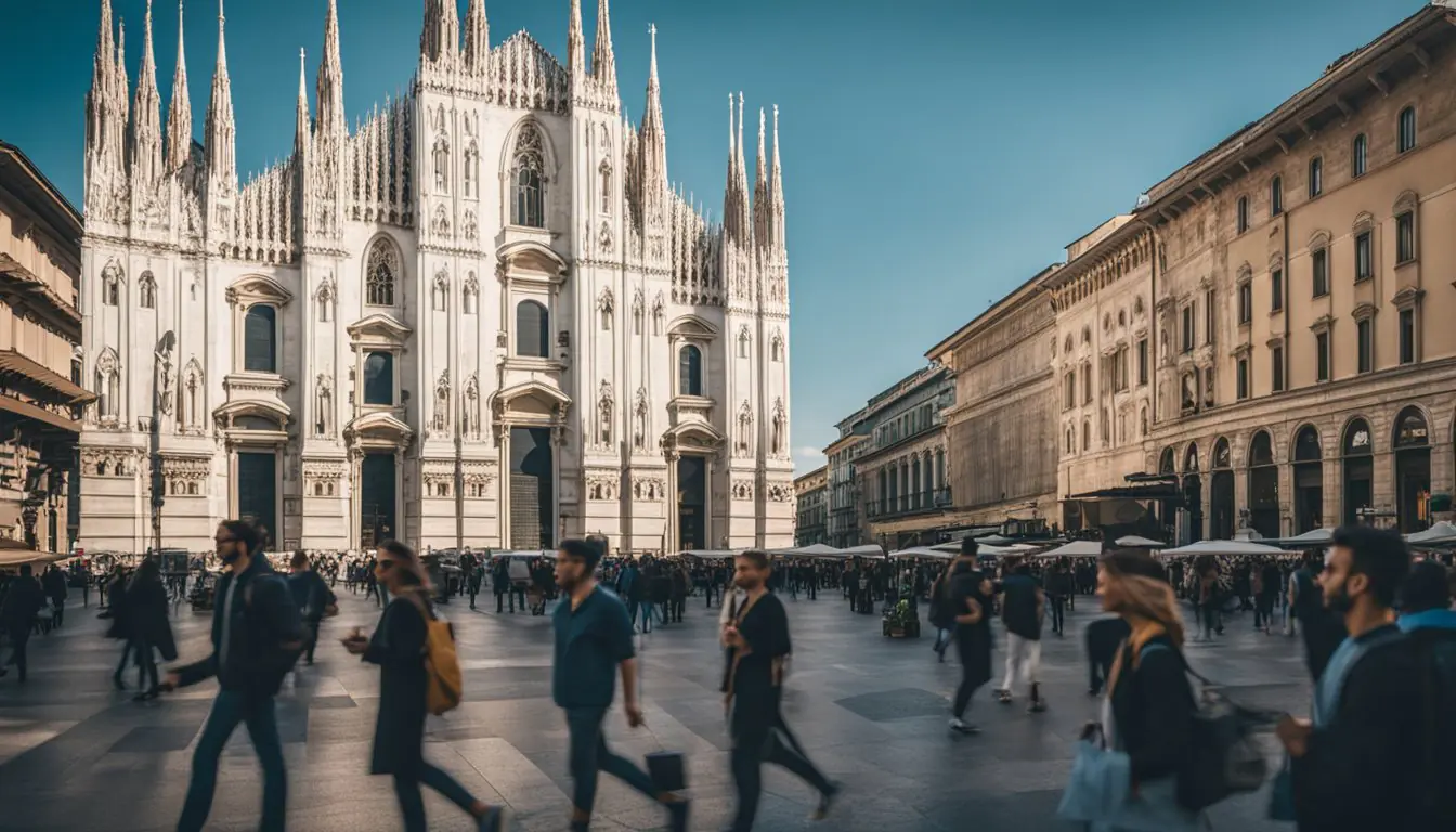 The bustling streets of Milan are lined with historic architecture and modern fashion boutiques. The iconic Duomo di Milano stands tall against the city skyline, while locals and tourists alike enjoy gelato in the piazzas