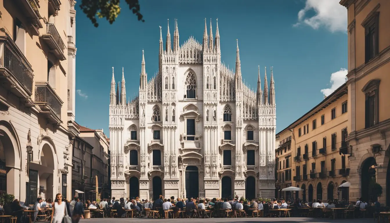 A bustling city street lined with historic buildings, trendy shops, and outdoor cafes, with a backdrop of the iconic Milan Cathedral