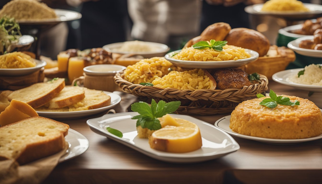 A table set with traditional Milanese dishes: risotto alla Milanese, ossobuco, and panettone. A bustling market with vendors selling fresh produce and local ingredients