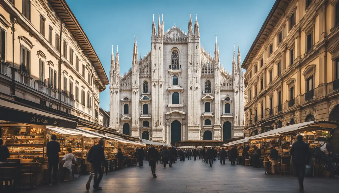 The bustling streets of Milan are lined with iconic landmarks like the Duomo and Galleria Vittorio Emanuele II. Cafes and shops fill the city, while the Navigli district offers charming canalside views