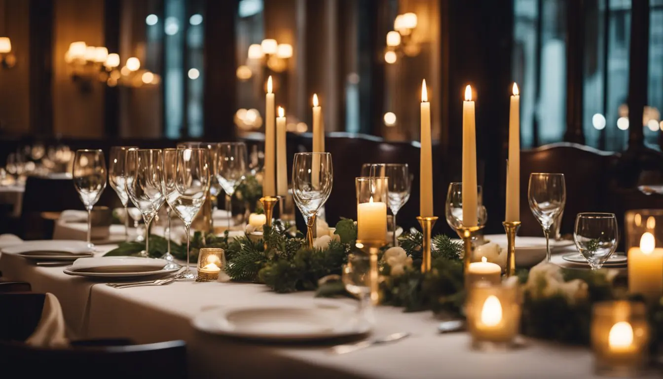 A candlelit table set with exquisite dishes, surrounded by elegant decor and soft music in a Michelin-starred restaurant in Milan