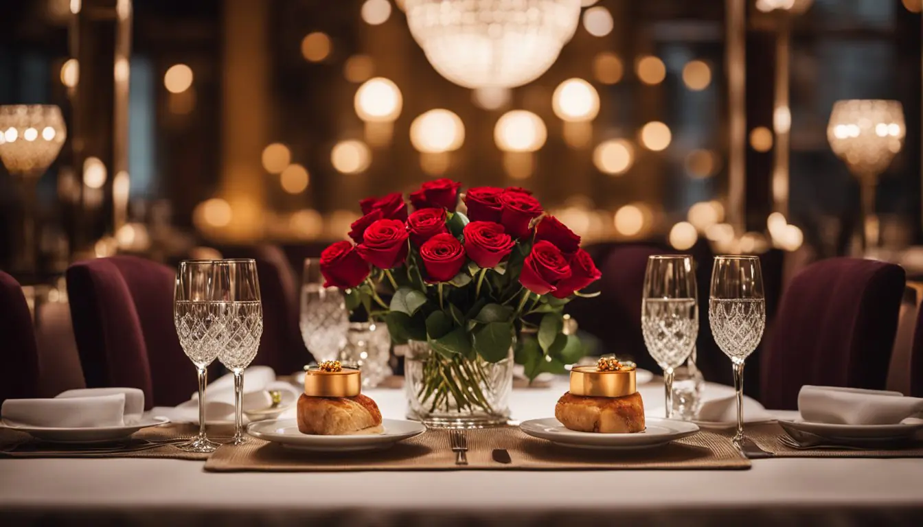 A candlelit table for two in a chic Milanese restaurant, adorned with fine china, crystal glasses, and a bouquet of red roses