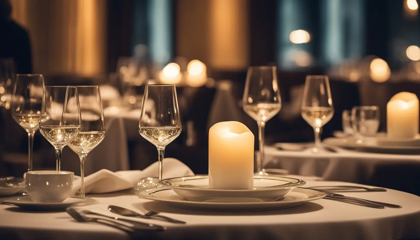 A candlelit table with elegant place settings, surrounded by luxurious decor and soft lighting in a Michelin-starred restaurant in Milan