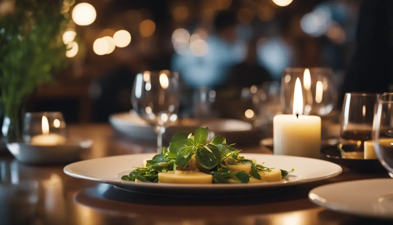 A cozy, candle-lit restaurant with eco-friendly decor and locally-sourced ingredients. A Michelin-starred chef prepares a special diet menu in a romantic setting