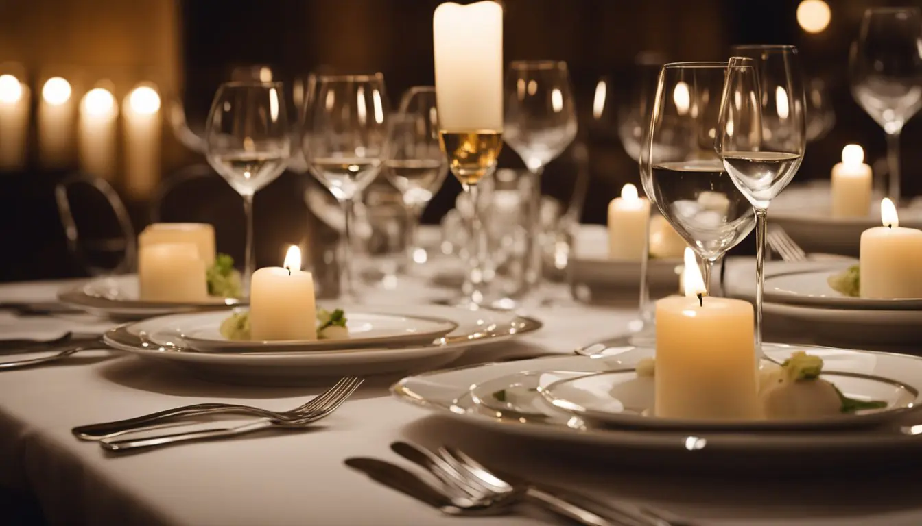 A candlelit table set with gourmet dishes from around the world in a luxurious Michelin-starred restaurant in Milan