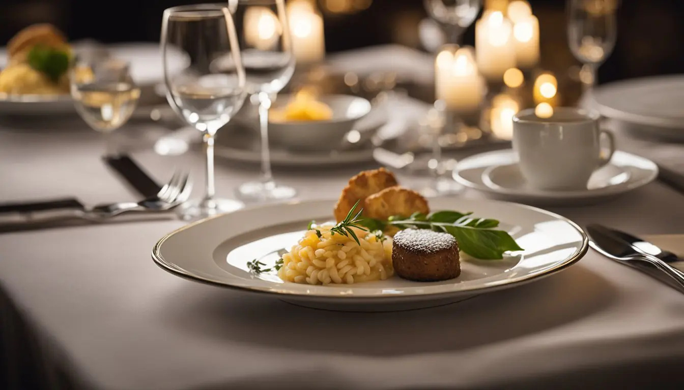 A table set with signature Milanese dishes in a romantic Michelin-starred restaurant in Milan. Elegant decor and soft lighting create an intimate atmosphere