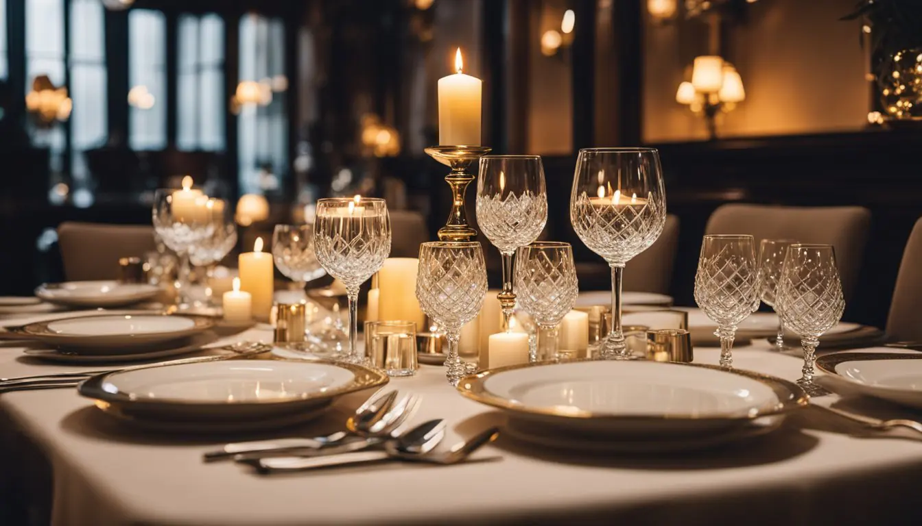 A candlelit table for two in a chic Milanese Michelin-starred restaurant, with elegant place settings and a view of the city skyline