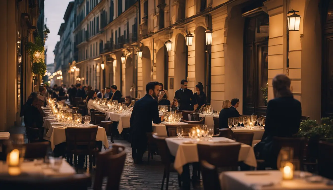 Candlelit tables overlook a bustling Milan street. The aroma of gourmet cuisine fills the air. Elegantly dressed patrons savoring Michelin-starred dishes