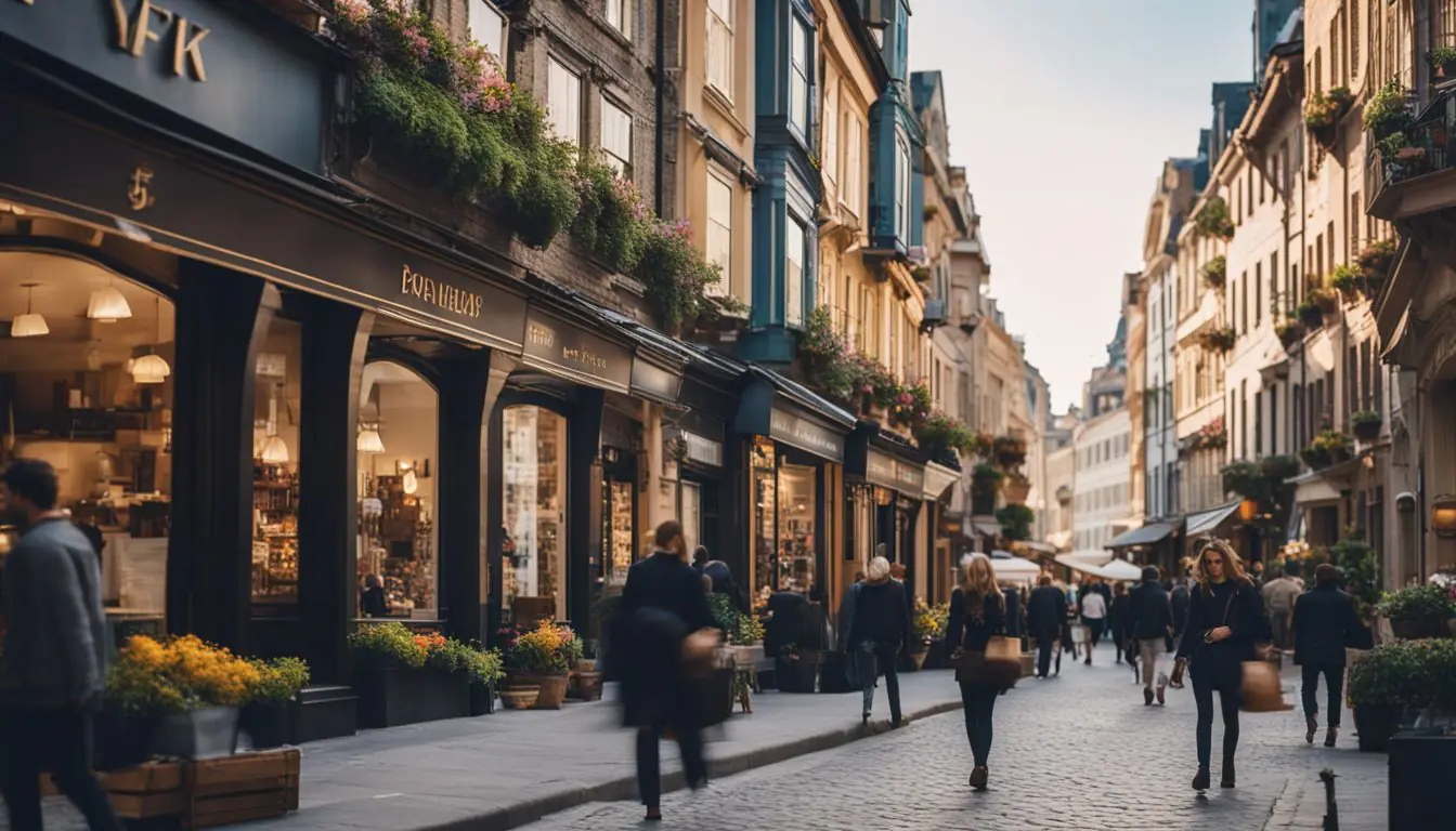 Vibrant storefronts line the cobblestone streets, showcasing high-end fashion and luxury goods. Tourists and locals alike wander through the bustling shopping district, surrounded by elegant architecture and cultural landmarks