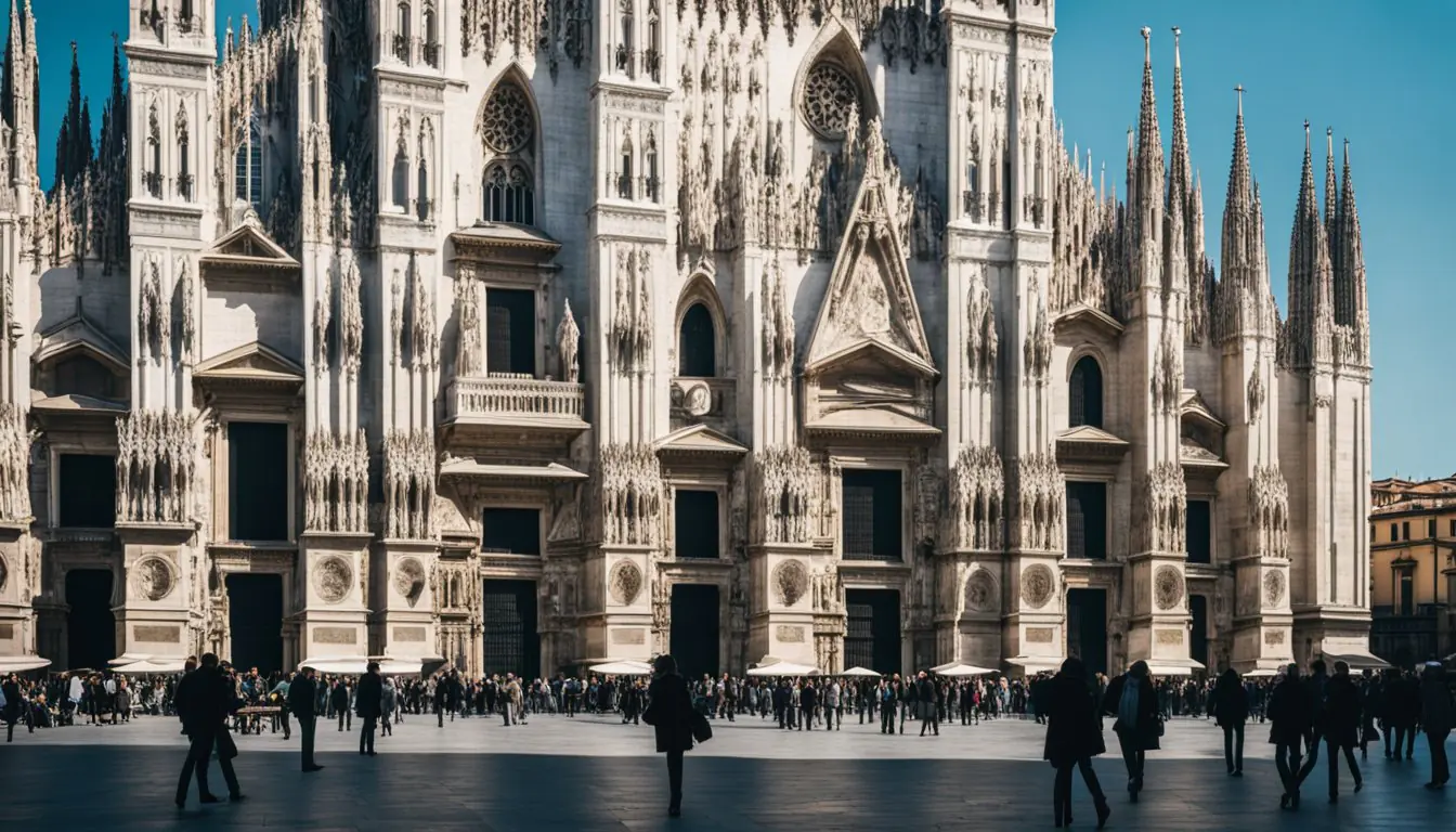 The iconic Duomo di Milano stands tall against a clear blue sky, surrounded by bustling piazzas and historic architecture