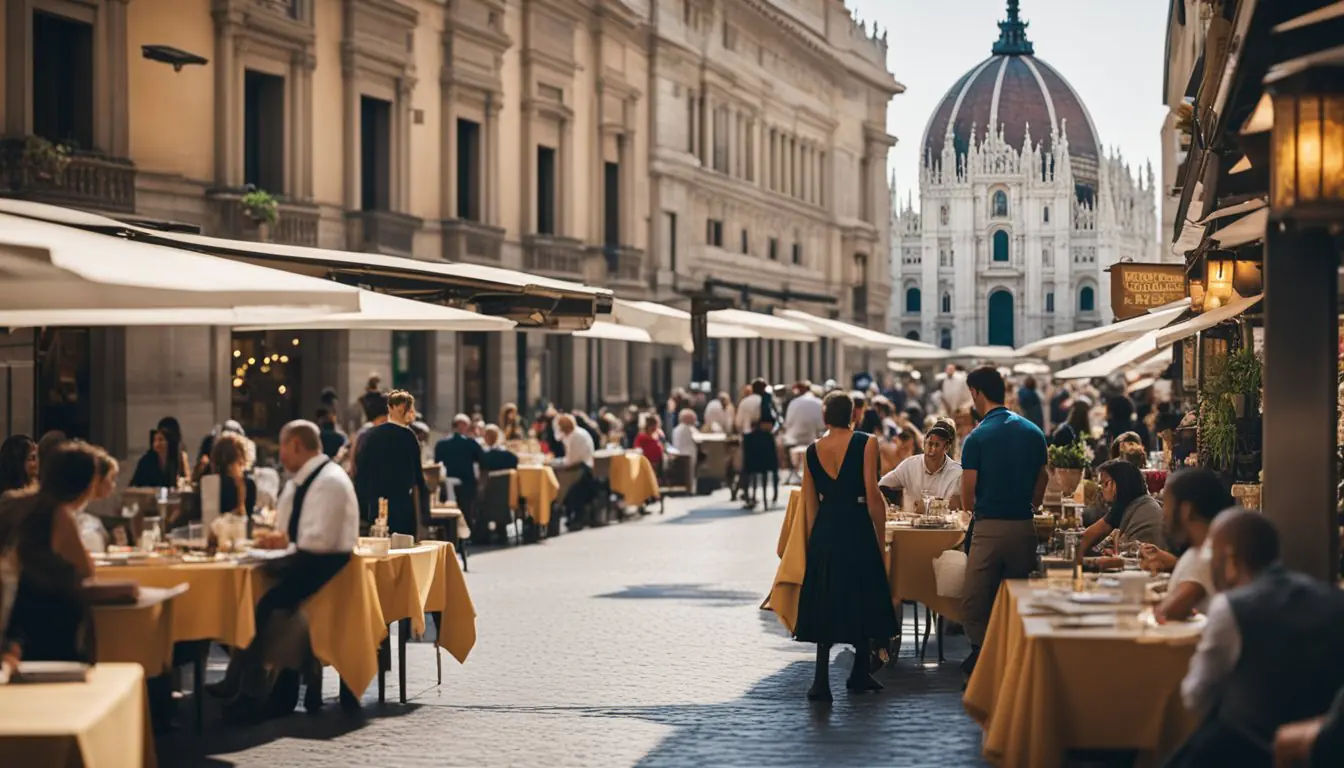 A bustling street lined with vibrant restaurants and bars, with the iconic Duomo di Milano and Teatro alla Scala in the background