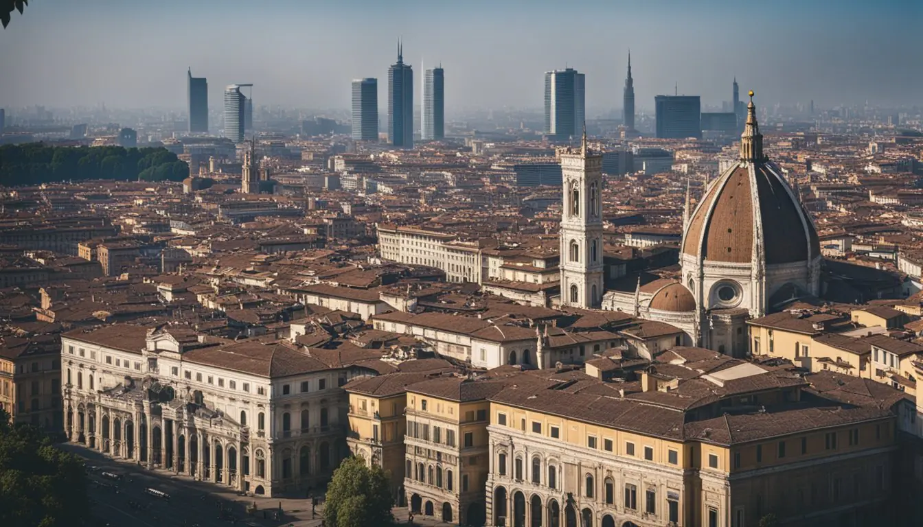 Vibrant Milan skyline with iconic landmarks like the Duomo and La Scala opera house, surrounded by bustling streets and historic architecture