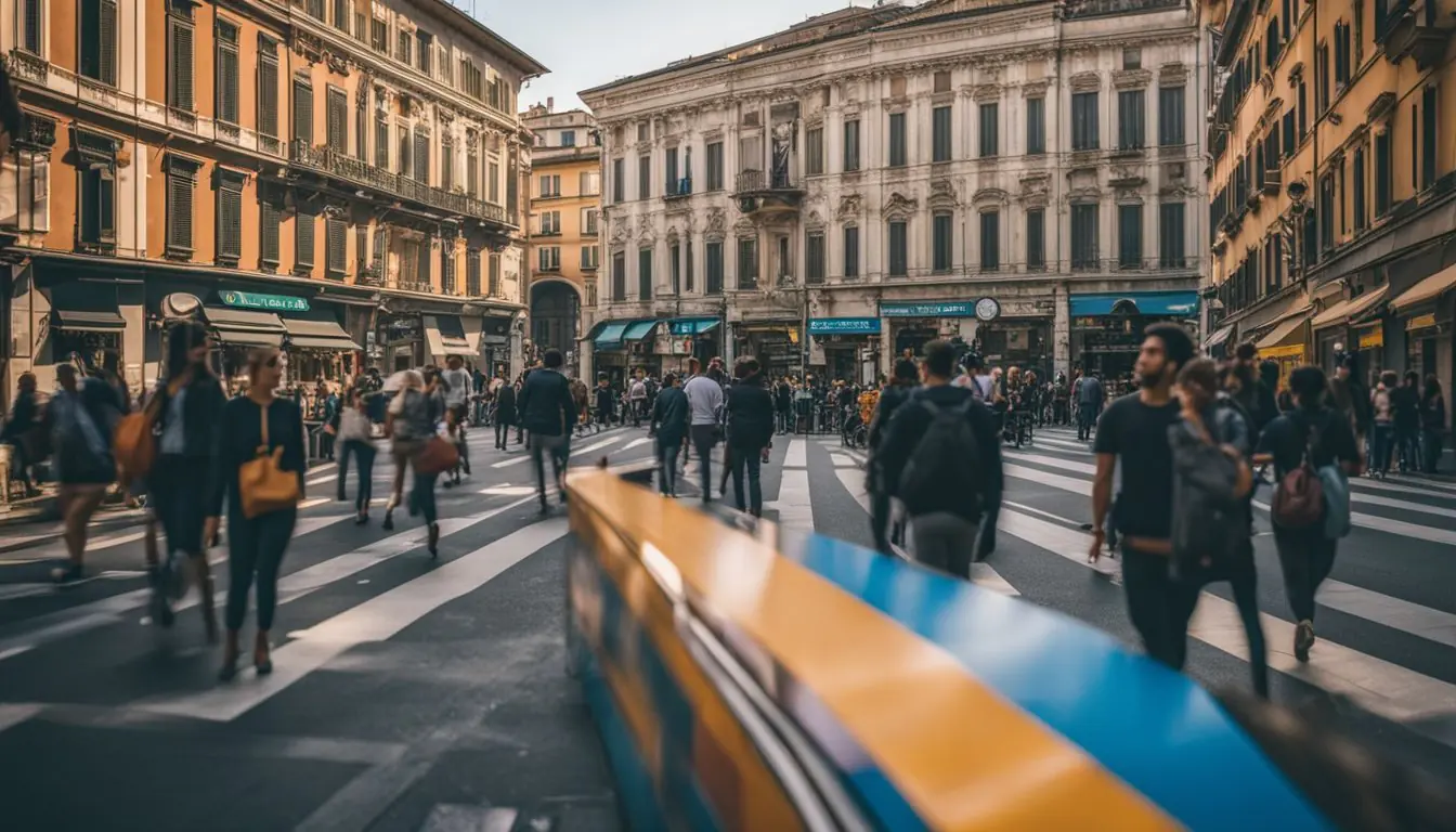 A bustling street in Milan, lined with historic architecture and vibrant art installations, draws in crowds of tourists and locals alike. Vibrant colors and intricate designs adorn the buildings, creating a visually stunning scene