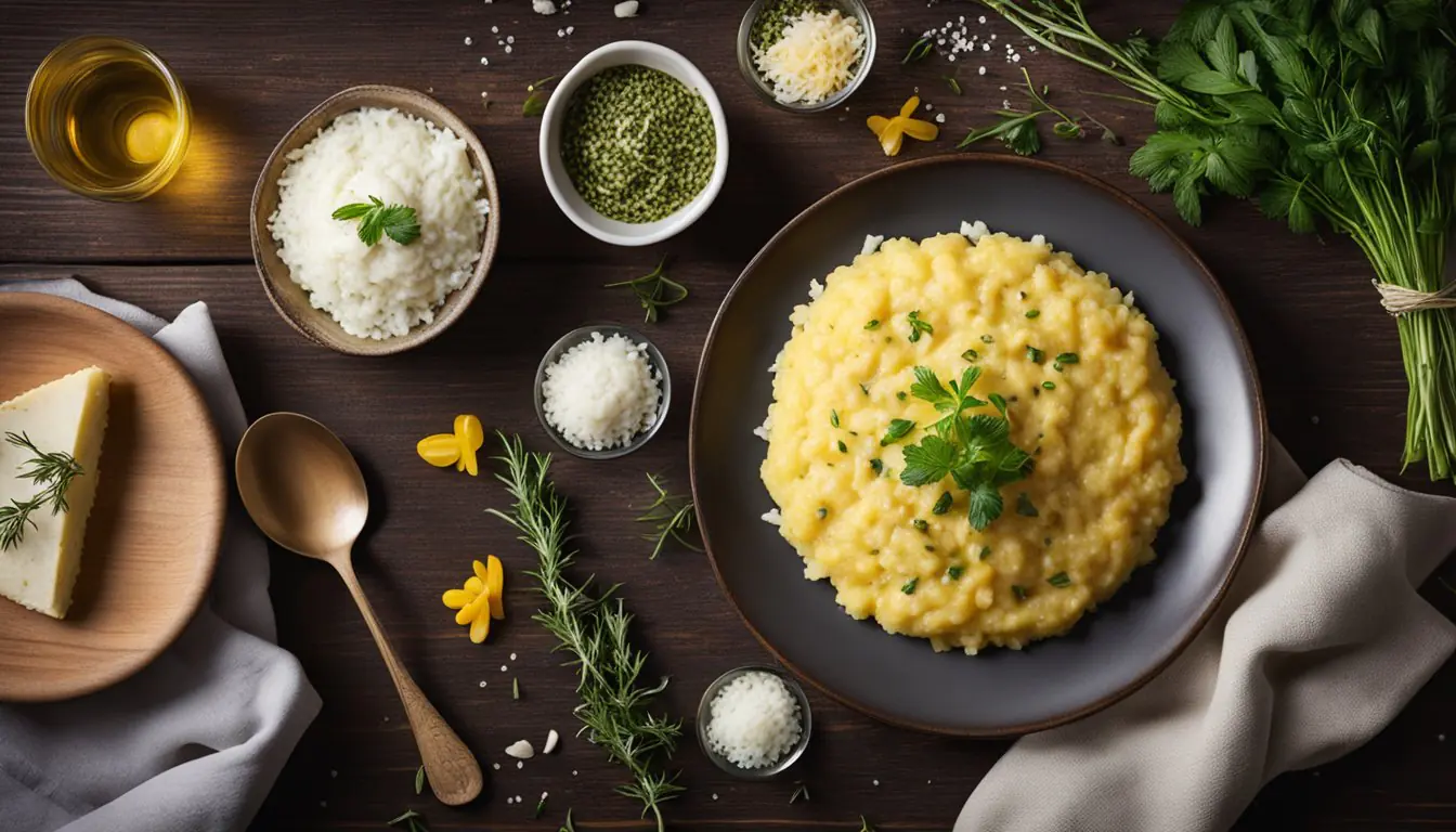 A steaming plate of creamy saffron risotto sits on a rustic wooden table, surrounded by fresh herbs and a sprinkle of Parmesan cheese