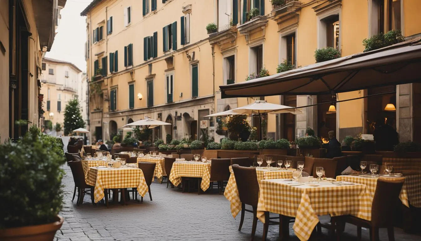 A cozy trattoria with checkered tablecloths, serving steaming plates of creamy risotto alla milanese, surrounded by bustling streets and historic architecture in Milan