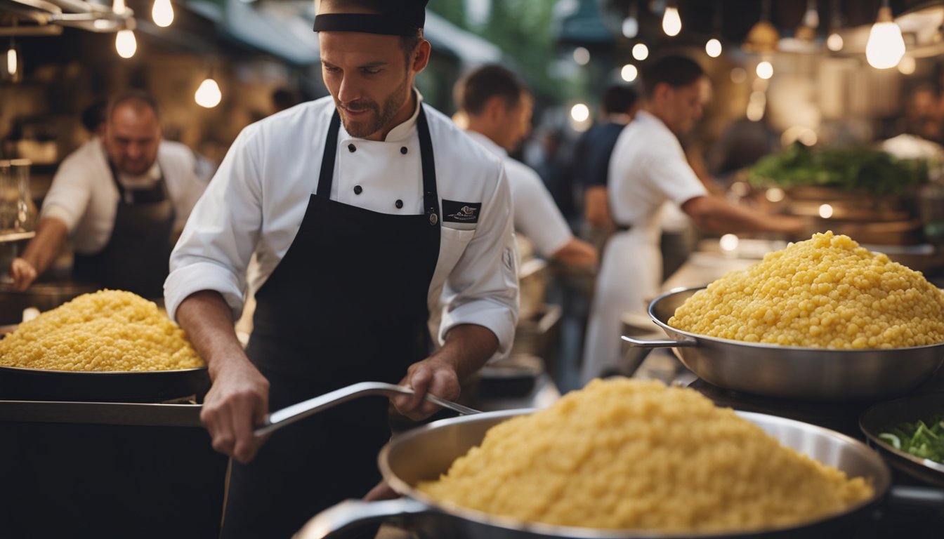 A bustling outdoor market with fresh produce and local ingredients, a chef stirring a pot of creamy saffron-infused risotto, and diners enjoying the dish at a cozy trattoria