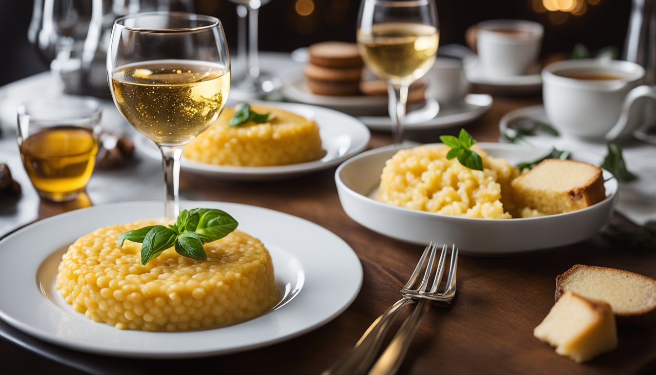 A table set with wine glasses, decadent desserts, and a steaming plate of risotto alla Milanese