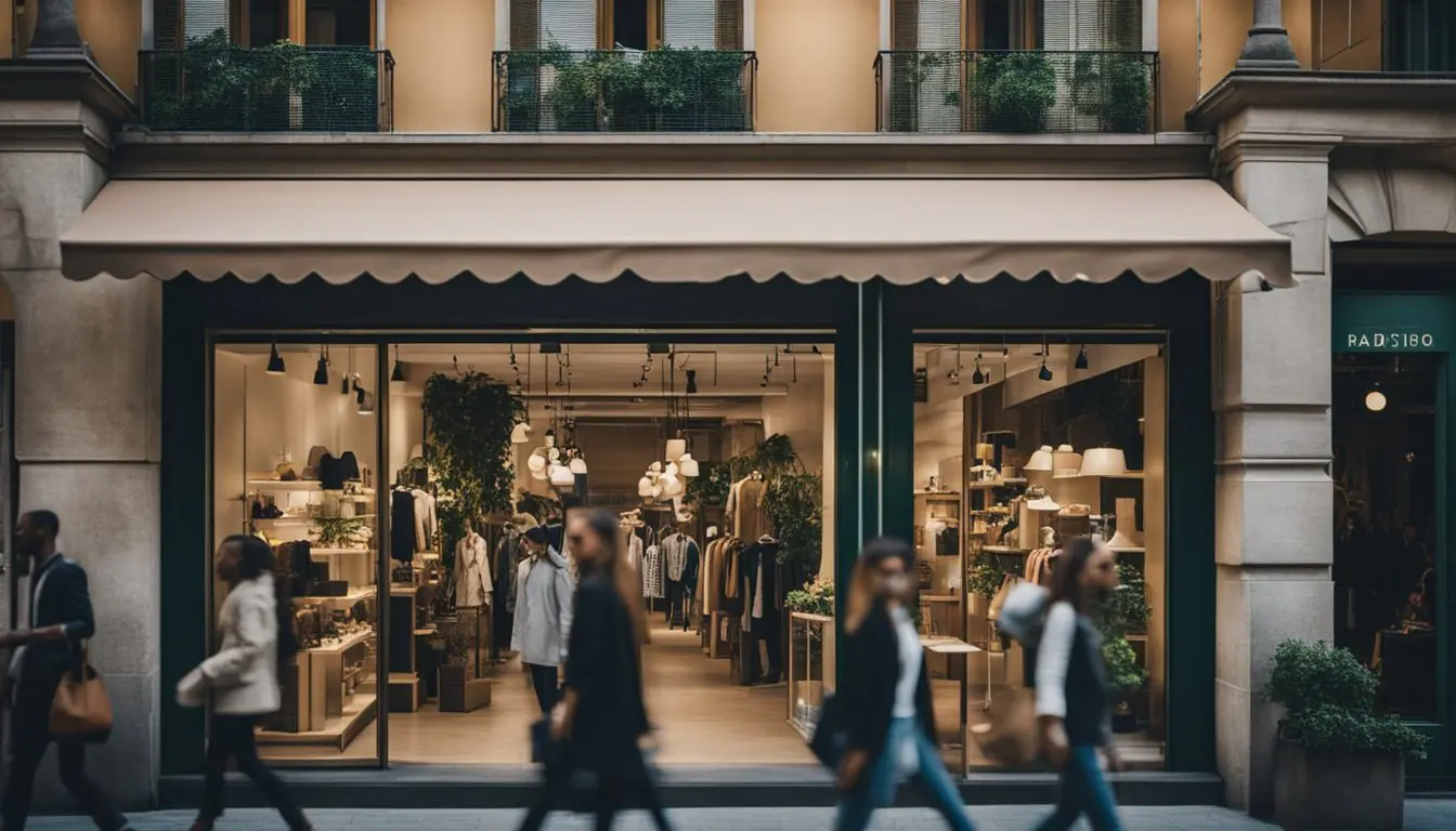 A bustling Milan street lined with eco-friendly fashion boutiques and stylish, sustainable designs on display in the storefront windows