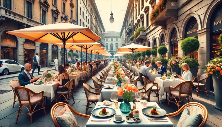 Lunch Spots in Milan. Bustling Milan street with elegant outdoor cafes, featuring Michelin-starred restaurants and diners enjoying gourmet lunches.