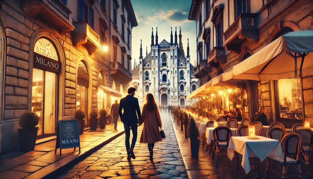 Romantic Getaway. A couple strolls through the cobblestone streets of Milan, passing by charming cafes and historic architecture, with the iconic Duomo di Milano looming in the background.