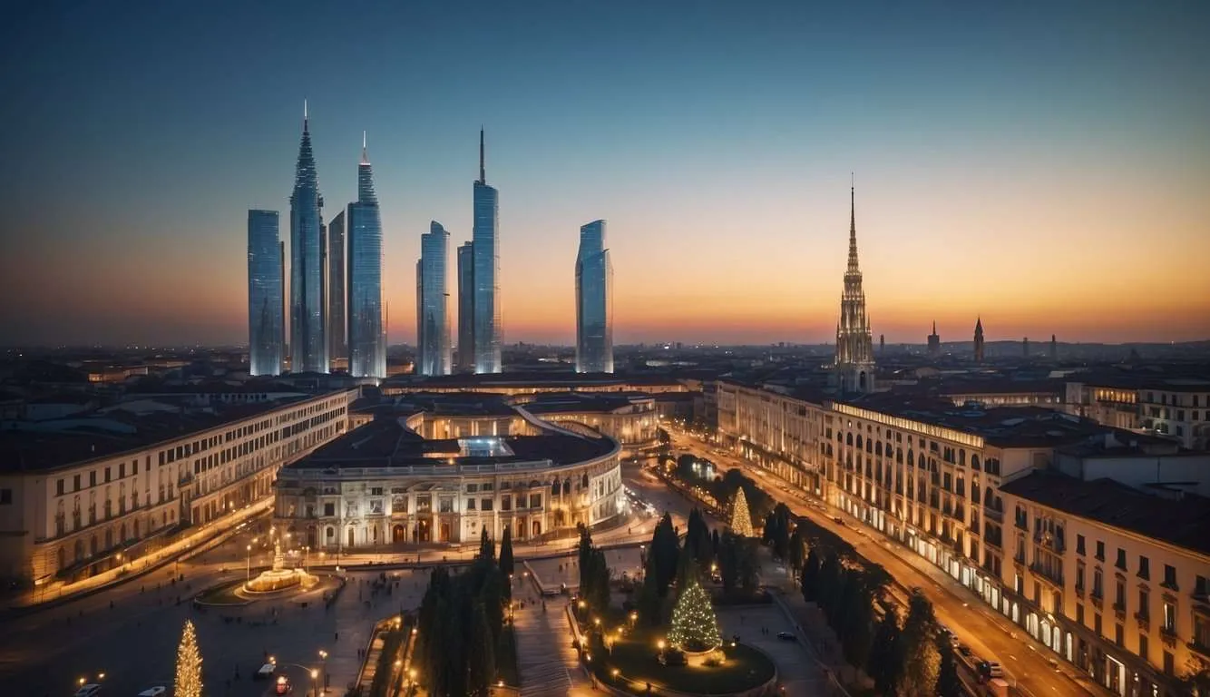 Milan skyline with modern buildings and tech hubs. Health startups logo and innovation symbols. Vibrant energy and creativity