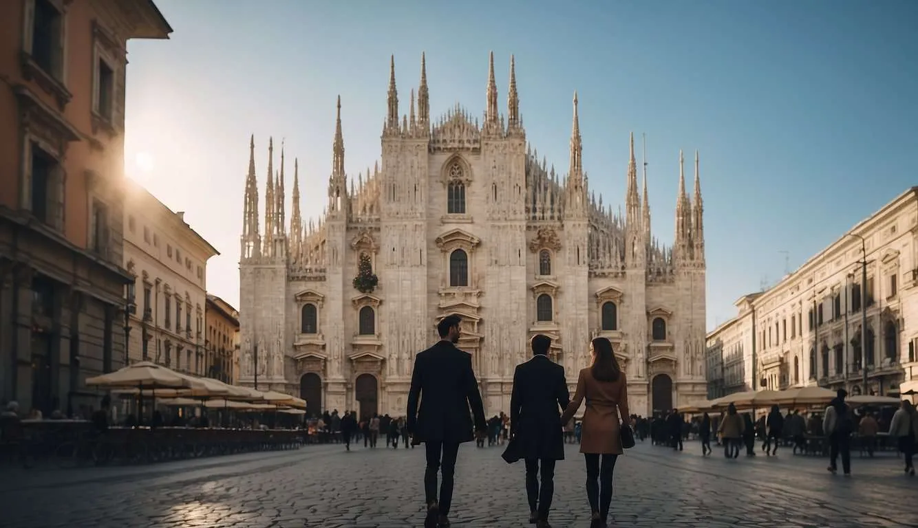 A couple strolls through the cobblestone streets of Milan, passing by charming cafes and historic architecture, with the iconic Duomo di Milano looming in the background