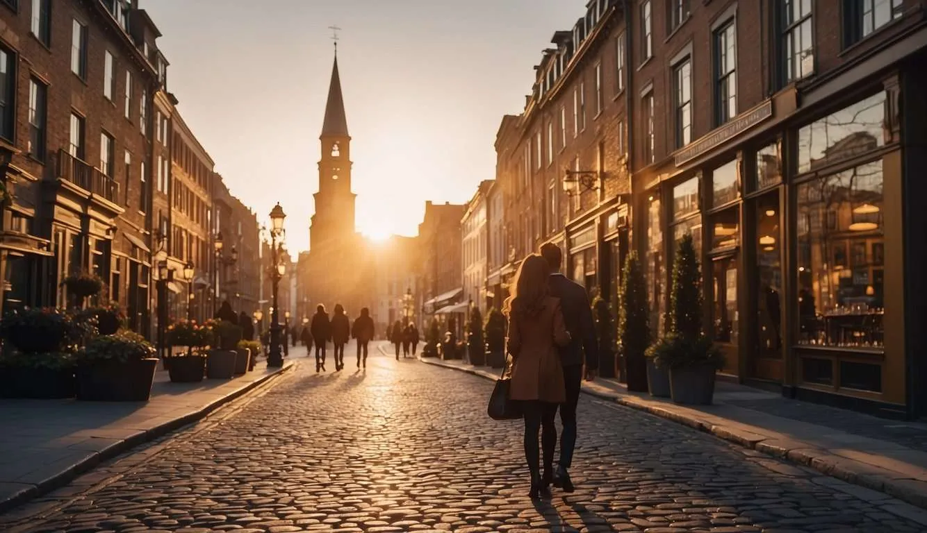 A couple strolls through cobblestone streets, passing historic landmarks and cozy cafes, while the sun sets over the city skyline