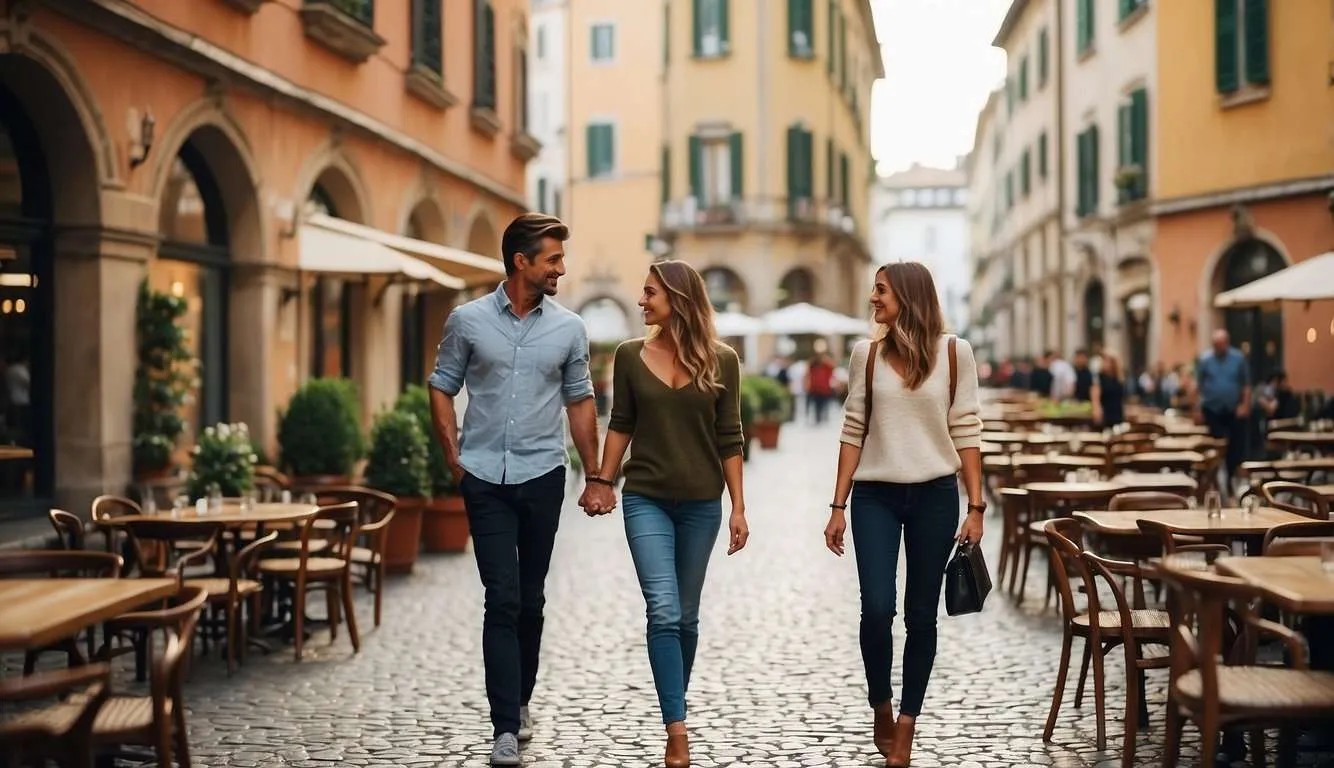 A couple strolling through a charming cobblestone street lined with outdoor cafes and colorful buildings in the heart of Milan