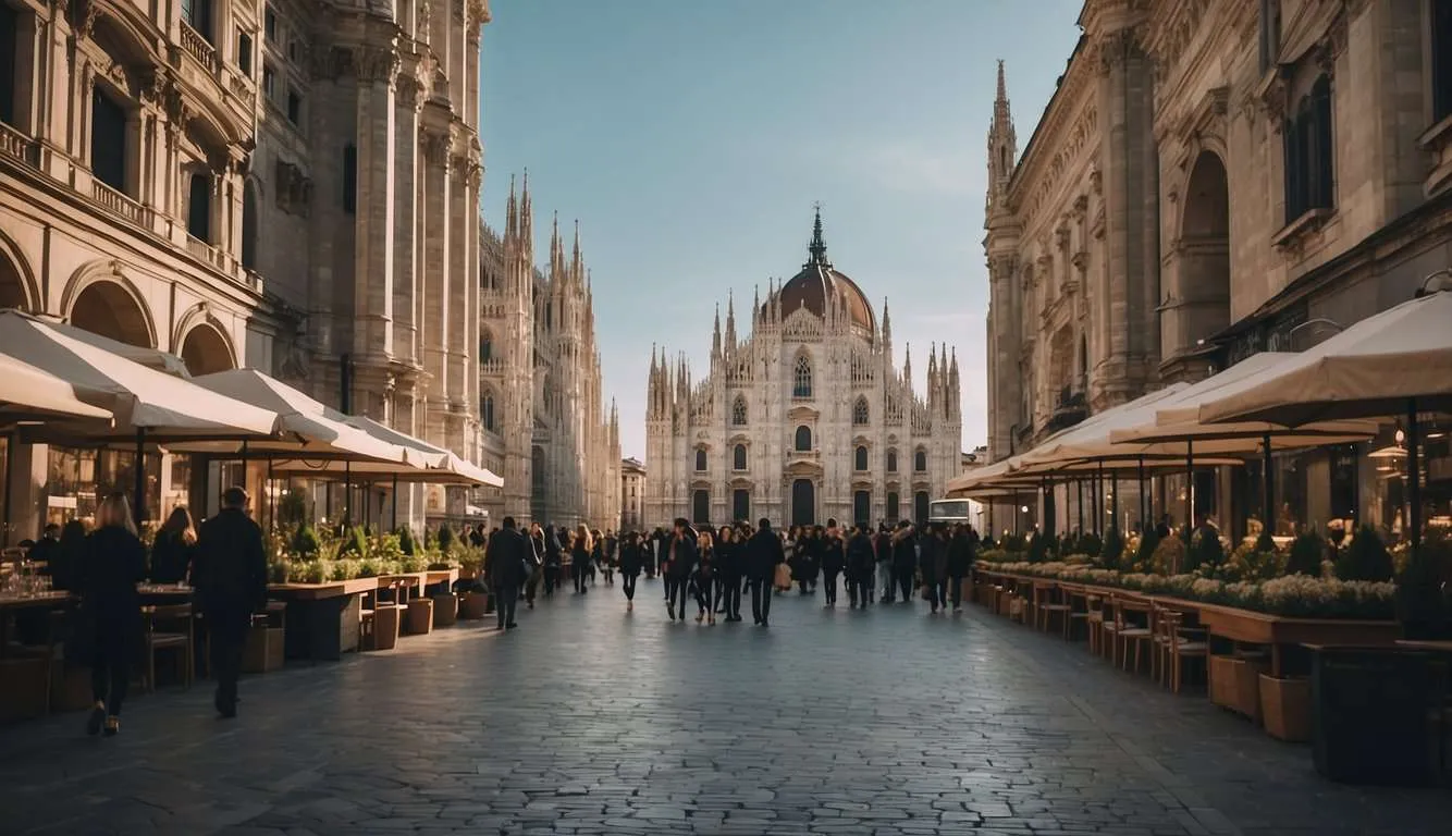 A bustling Milan street lined with high-end fashion boutiques, elegant cafes, and stylish locals. The iconic Duomo di Milano stands tall in the background, as the city pulses with the energy of Italian fashion