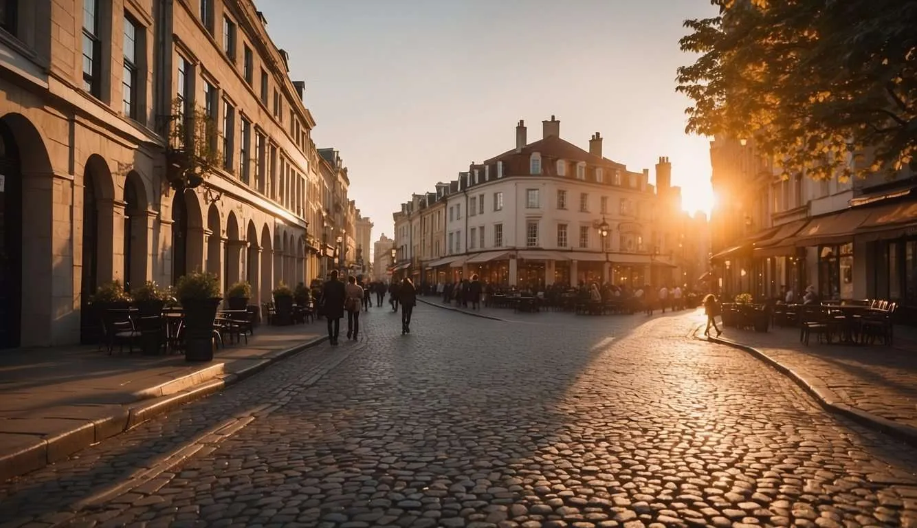 Strolling through cobblestone streets, passing by historic architecture and charming cafes. The sun sets over the city, casting a warm glow on the bustling streets and elegant storefronts