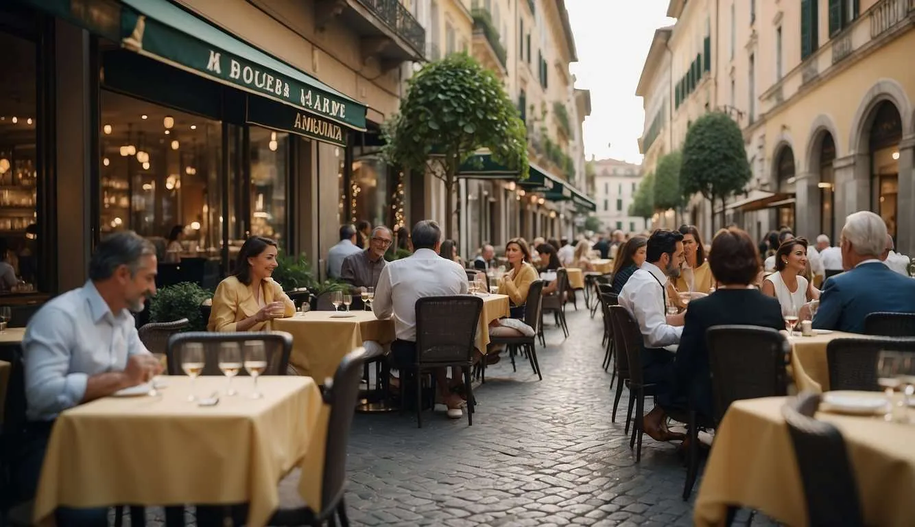 A bustling Milanese street lined with elegant outdoor cafes, where top Michelin-starred lunch spots draw in a sophisticated crowd with their exquisite culinary offerings